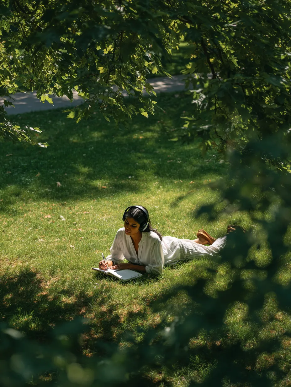 Young indian woman lying on grass with headphones on, writing in journal