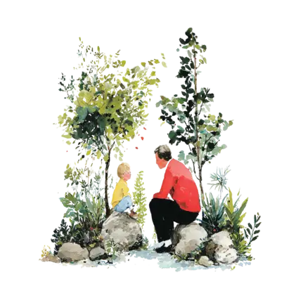 child and adult in garden watercolour illustration