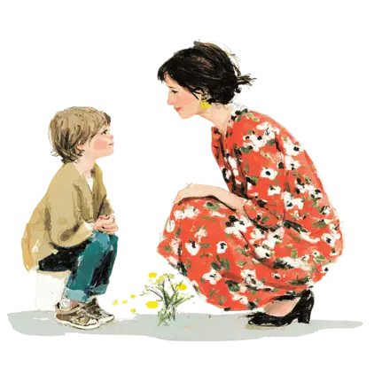 girl crouching and speaking with adult watercolour illustration