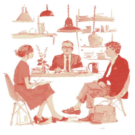 watercolour illustration of parent having a consultation with lionheart