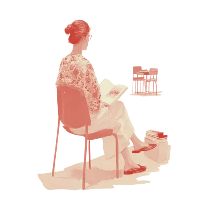 illustration of a young adult sitting in a chair in a classroom reading from a book