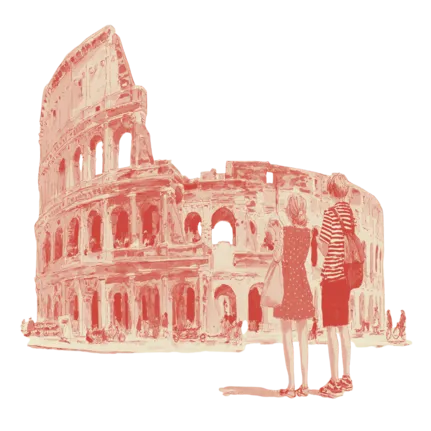 watercolour illustration of a tutor and teenager looking at the coliseum, rome