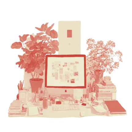 watercolour illustration of a mac on a desk with papers and flowers on the table