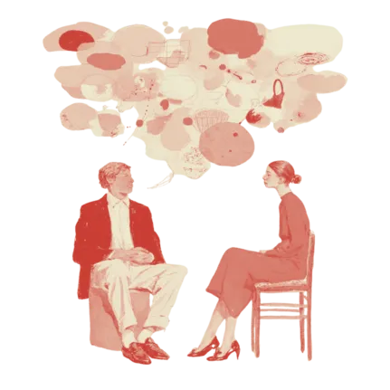Illustration of two adults speaking whilst sitting, with thought bubbles above head