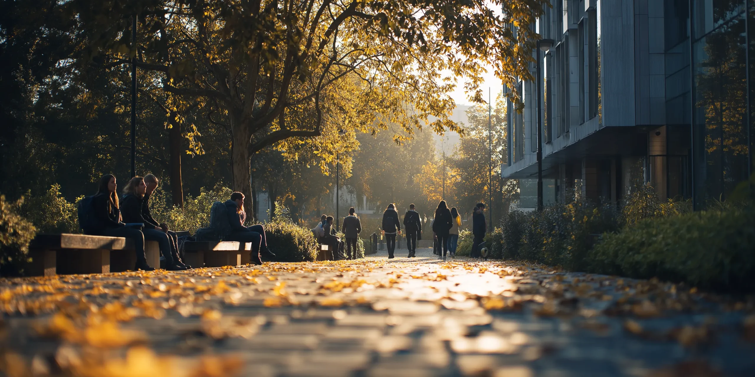 students walking through autumn leaves on university campus