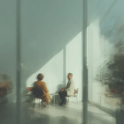 photograph of candid interview scene. Blurry lens.