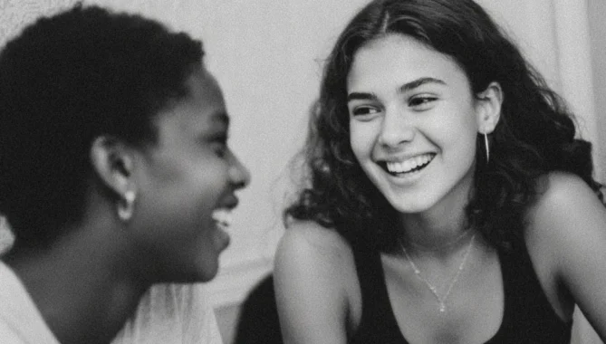 Black and white photography of white and black teenage girls receiving tutoring in minimalist townhouse